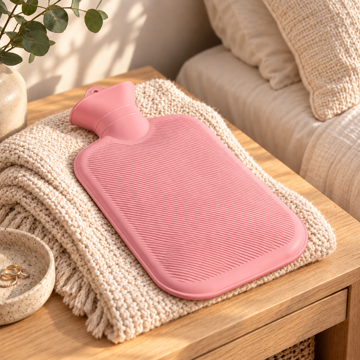 Pastel Pink 2L hot water bottle resting flat on knitted blanket
