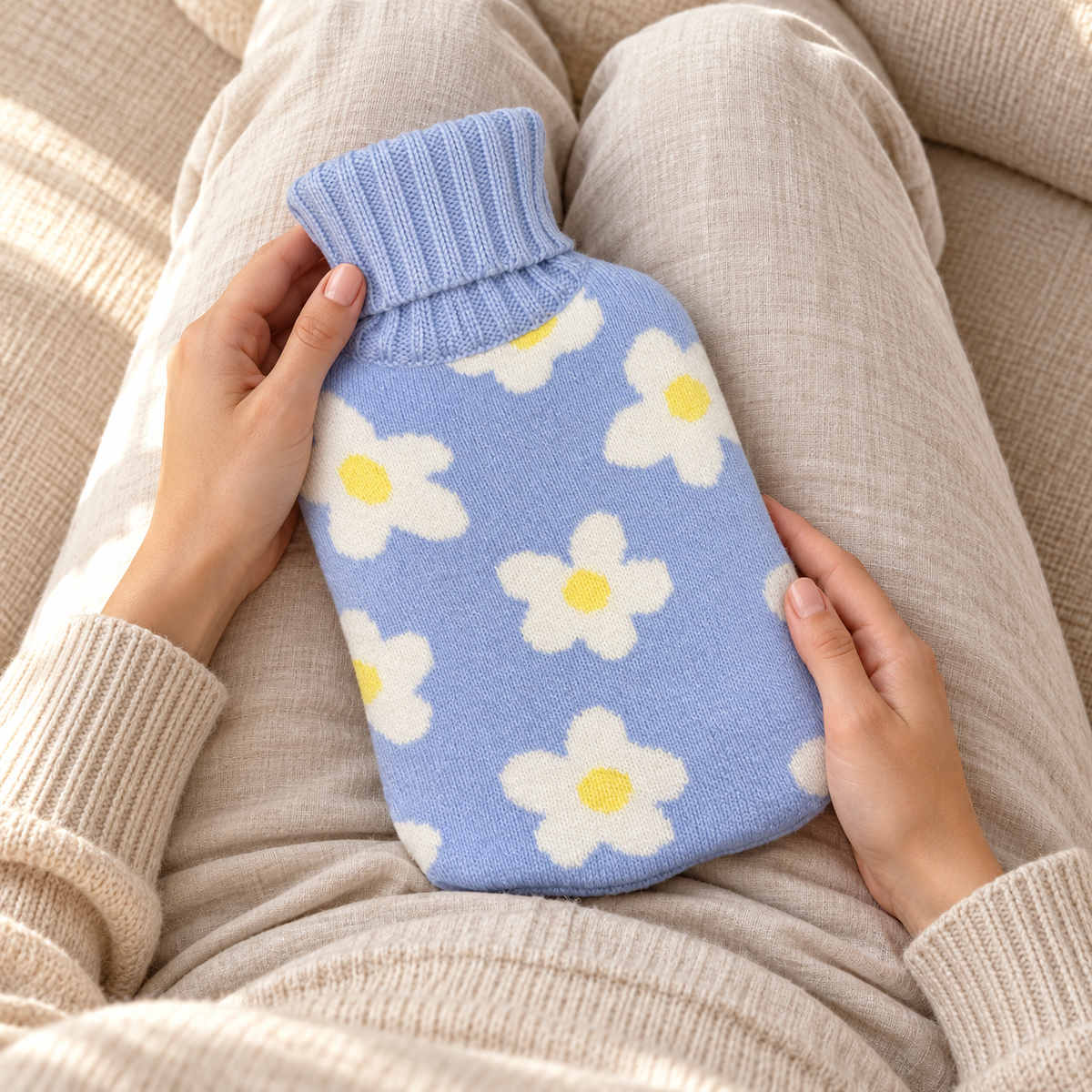 Hot Water Bottle with Cover - Blue Daisy 700mL resting on a clothed lap